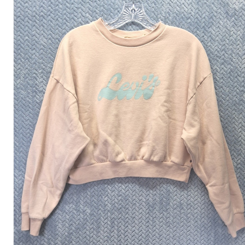 Levis Womens Cropped Sweatshirt Peach Pink Blue Script Logo Pullover Medium
